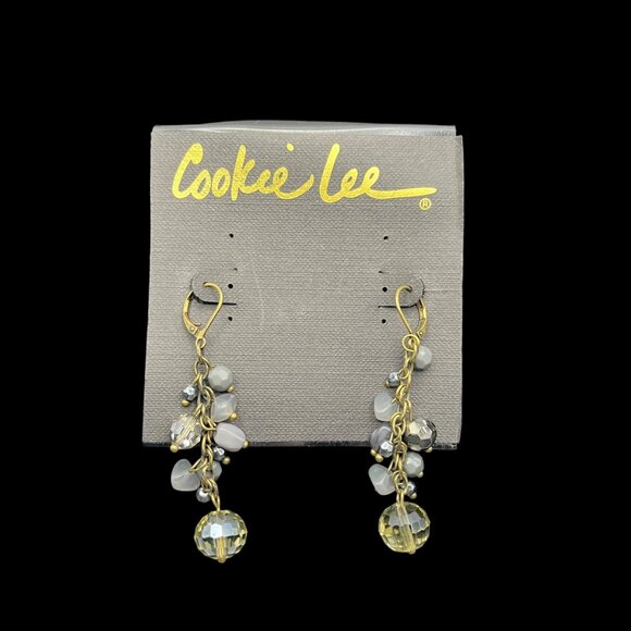 VTG Cookie Lee Earrings Gold Tone Hook Dangle Beads Light Gray Bead - Picture 1 of 6
